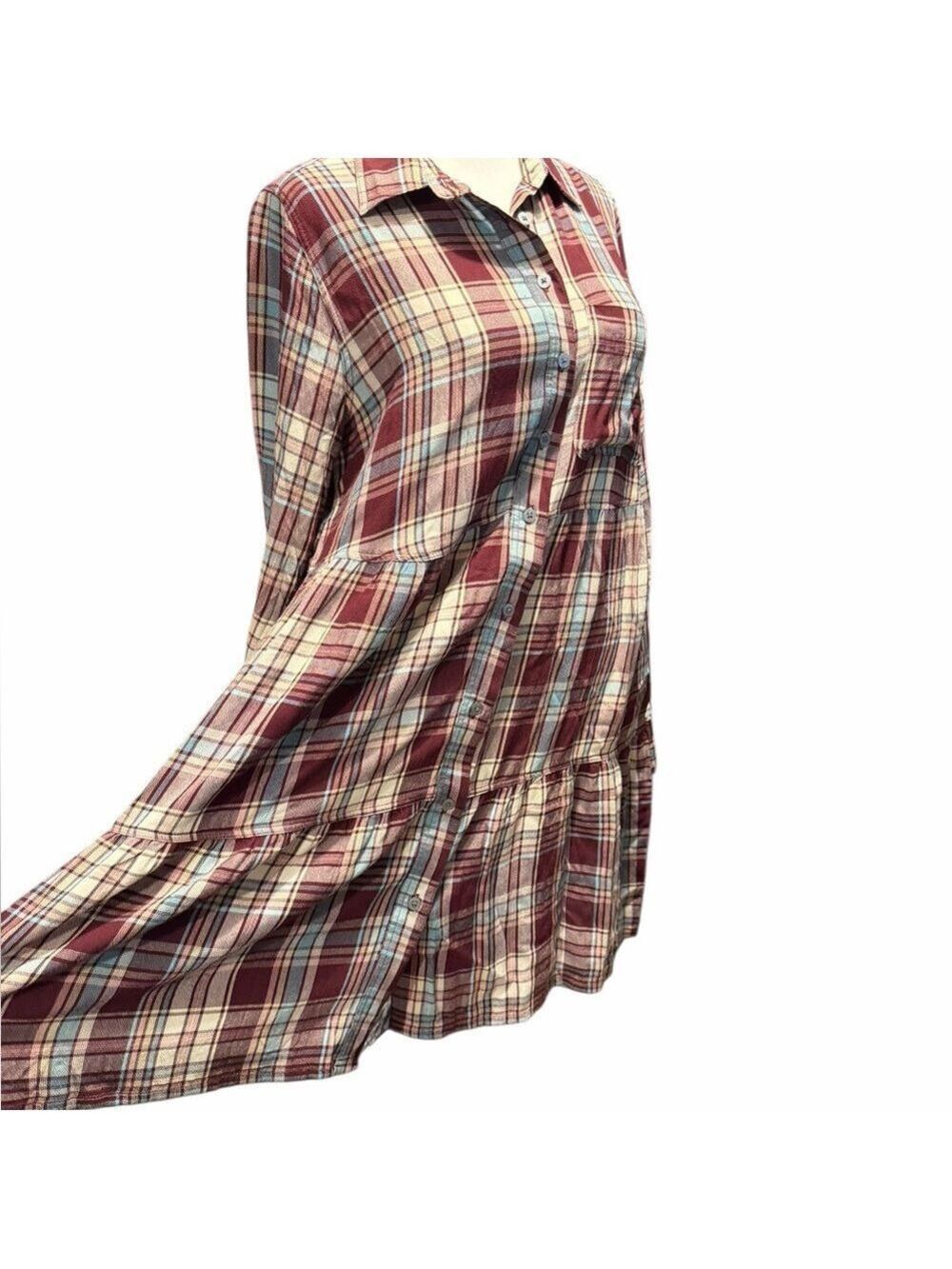 Loft Plaid Tiered Shirtdress Button Front Long Sleeves Chest Pocket NWOT Size S - Picture 3 of 6